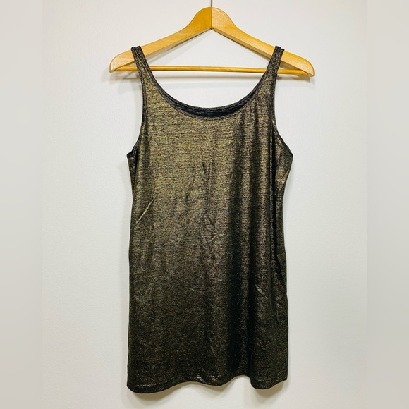 EILEEN FISHER Tank Top Foil Printed Linen Jersey Scoop Neck Shell Black Gold - Picture 1 of 8